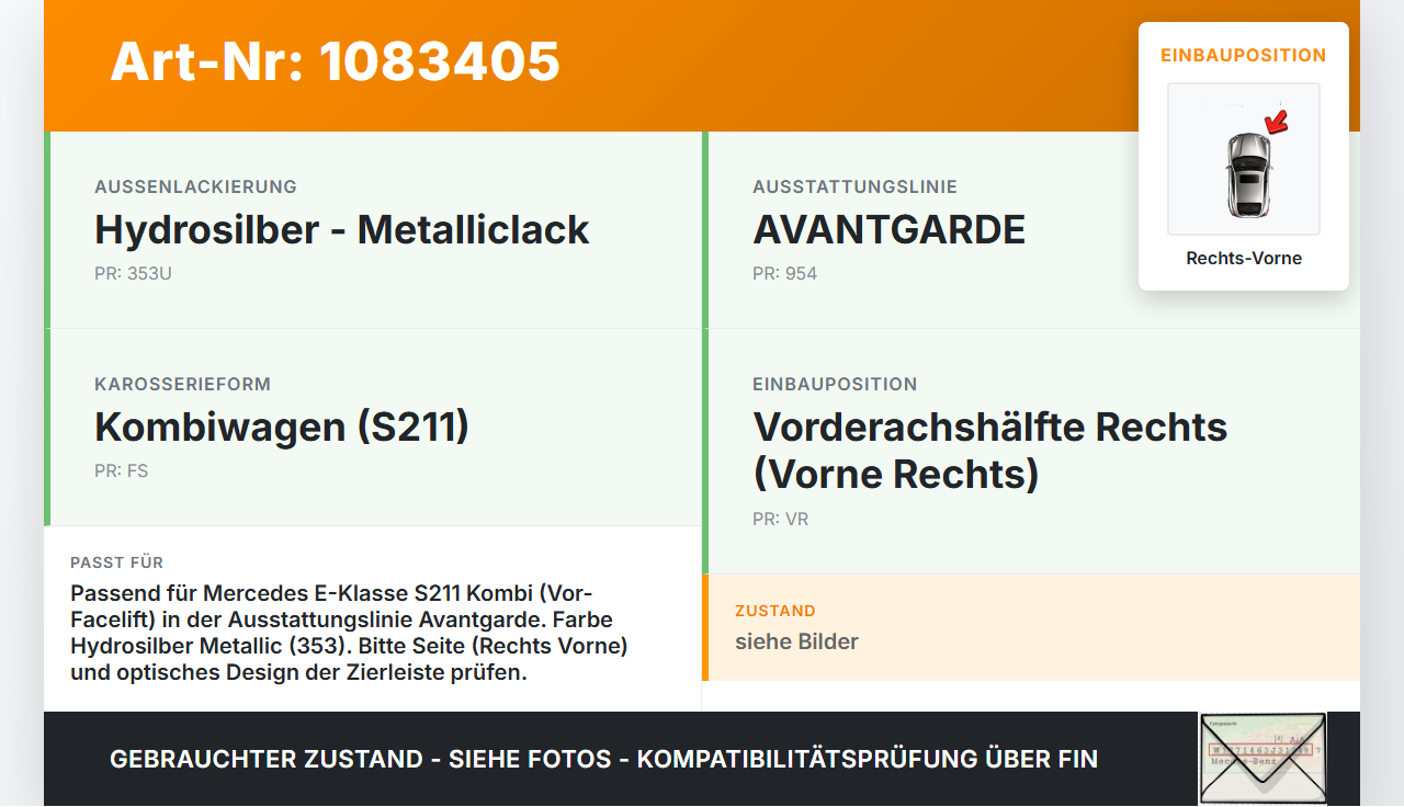 Mercedes S211 E500 02-06 Kombi Türleiste Beplankung Rechts Vorne Aussen 353 Mercedes S211 E500 02-06 01.07.2004... Vorschau 3