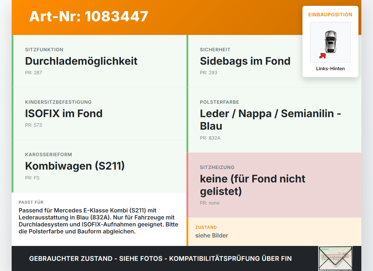 Mercedes S211 E500 02-06 Kombi Sitzpolster Links für Rücksitzbank Hinten Mercedes S211 E500 02-06 01.07.2004 gebraucht Vorschau 3