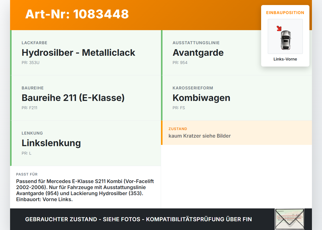 Mercedes S211 E500 02-06 Kombi Türleiste Links Vorne Aussen Beplankung 353 Mercedes S211 E500 02-06 01.07.2004 gebraucht Vorschau 3