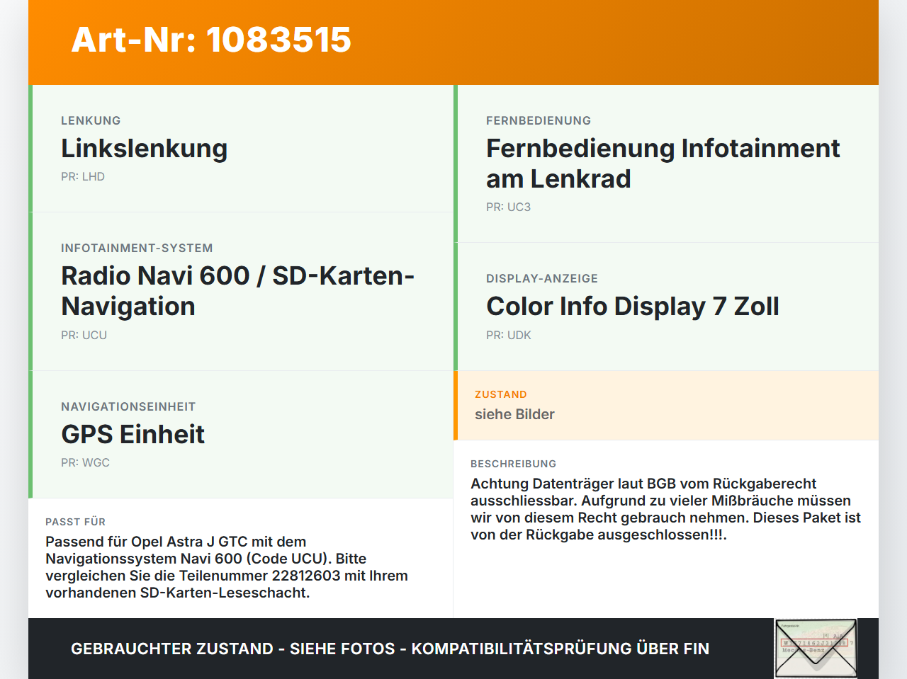 Opel Astra J GTC 11-18 Navi SD Karte Deutschland MRE 11712 mit Leseschacht Opel Astra J GTC 11-18 16.11.2011... Vorschau 3