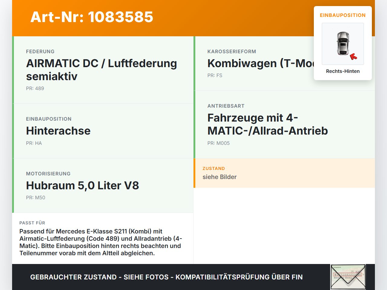 Mercedes S211 E500 02-06 5,0 225KW Luftklappe Rechts Hinten Mercedes S211 E500 02-06 01.07.2004 gebraucht Vorschau 3