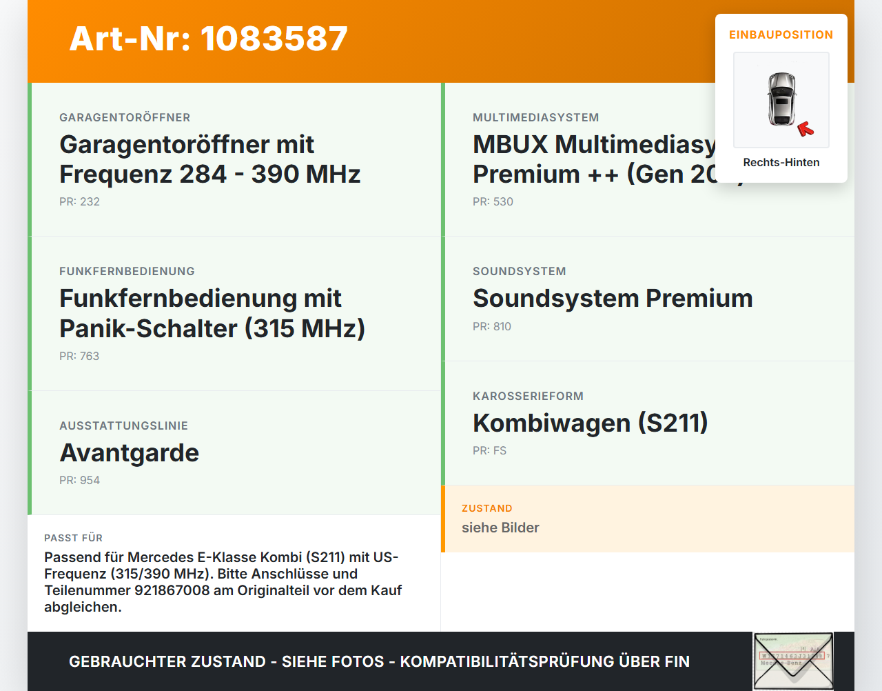 Mercedes S211 E500 02-06 Antennenverstärker Weiche Antenne Rechts Hinten Mercedes S211 E500 02-06 01.07.2004... Vorschau 3