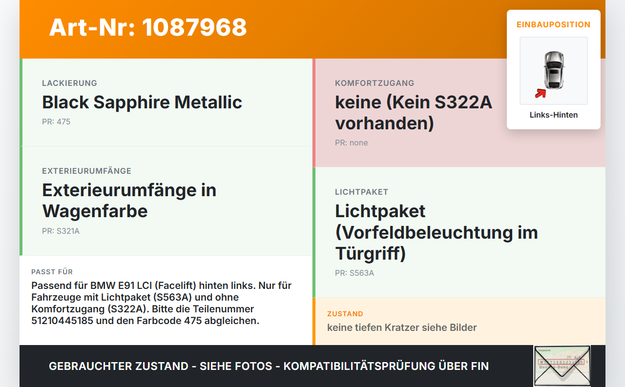 BMW E91 320i LCI 08-11 Kombi Türgriff Griff aussen Links Hinten 475 BMW E91 320i LCI 08-11 31.08.2009 0445185... Vorschau 3