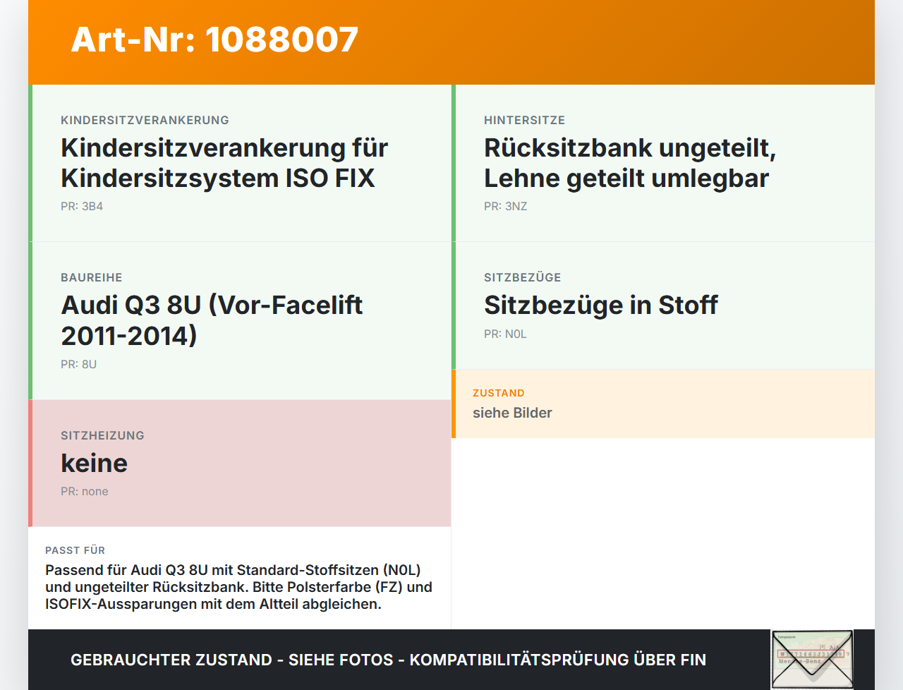 Audi Q3 8U 11-14 Sitzpolster Sitzkissen Sitzbezug Rücksitzbank Stoff Audi Q3 8U 11-14 25.04.2013 8U0885405C gebraucht Vorschau 3
