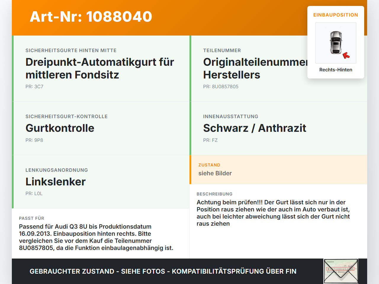Audi Q3 8U 11-14 Gurt Sicherheitsgurt Rechts Hinten Audi Q3 8U 11-14 25.04.2013 8U0857805 gebraucht Vorschau 3