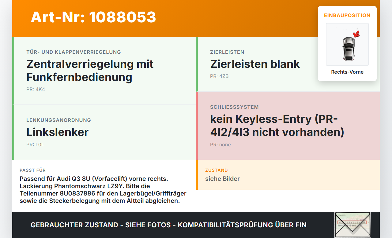 Audi Q3 8U 11-14 Türgriff Griff aussen Rechts Vorne LZ9Y Audi Q3 8U 11-14 25.04.2013 8U0837886 gebraucht Vorschau 3