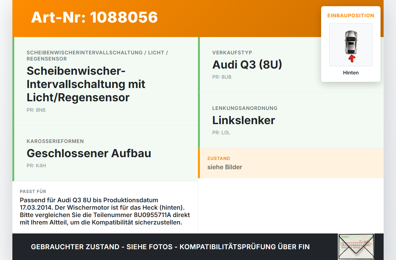 Audi Q3 8U 11-14 Wischermotor Hinten Heckwischermotor Audi Q3 8U 11-14 25.04.2013 8U0955711A gebraucht Vorschau 3