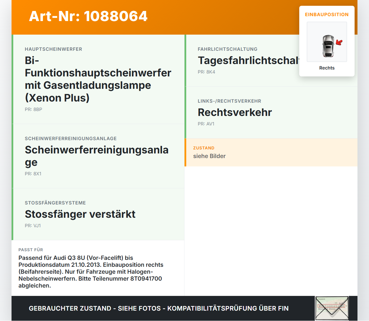 Audi Q3 8U 11-14 Nebelscheinwerfer Rechts orig. Audi Q3 8U 11-14 25.04.2013 8T0941700 gebraucht Vorschau 3