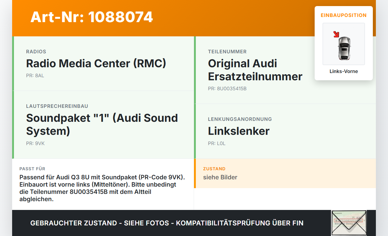 Audi Q3 8U 11-14 Lautsprecher Mitteltöner Links Vorne Audi Q3 8U 11-14 25.04.2013 8U0035415B 322432-0010 gebraucht Vorschau 3