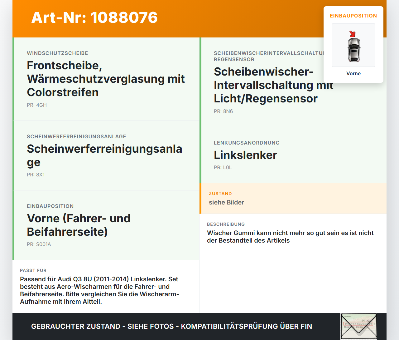 Audi Q3 8U 11-14 2x Scheibenwischer Wischarm Vorne Audi Q3 8U 11-14 25.04.2013 8U1955407 gebraucht Vorschau 3