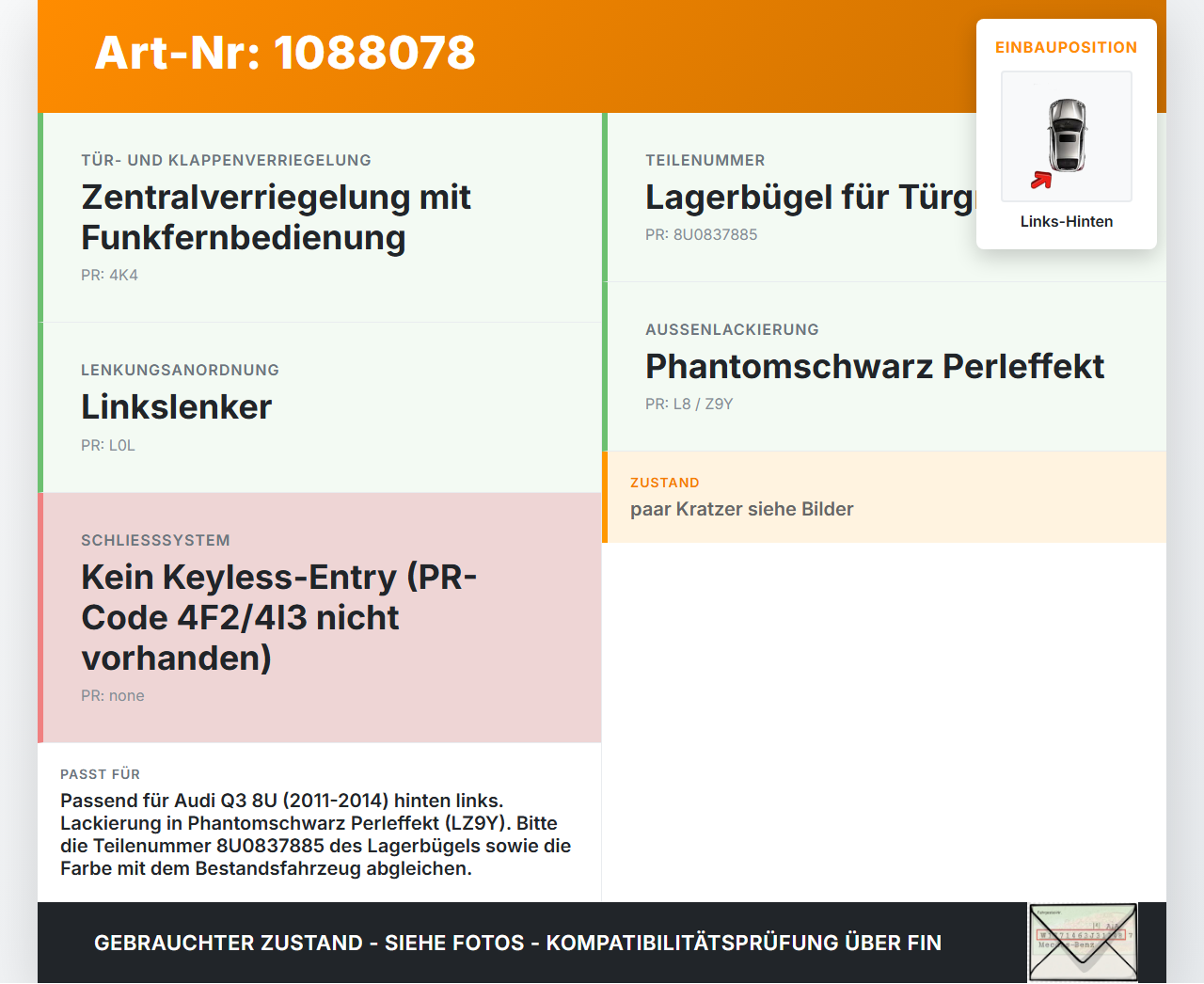 Audi Q3 8U 11-14 Türgriff Griff aussen Links Hinten  LZ9Y Audi Q3 8U 11-14 25.04.2013 8U0837885 gebraucht Vorschau 3