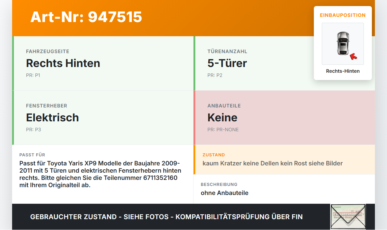 Toyota Yaris XP9 09-11 5T Tür Rechts Hinten 068 Toyota Yaris XP9 09-11 08.04.2011 6711352160 gebraucht Vorschau 3