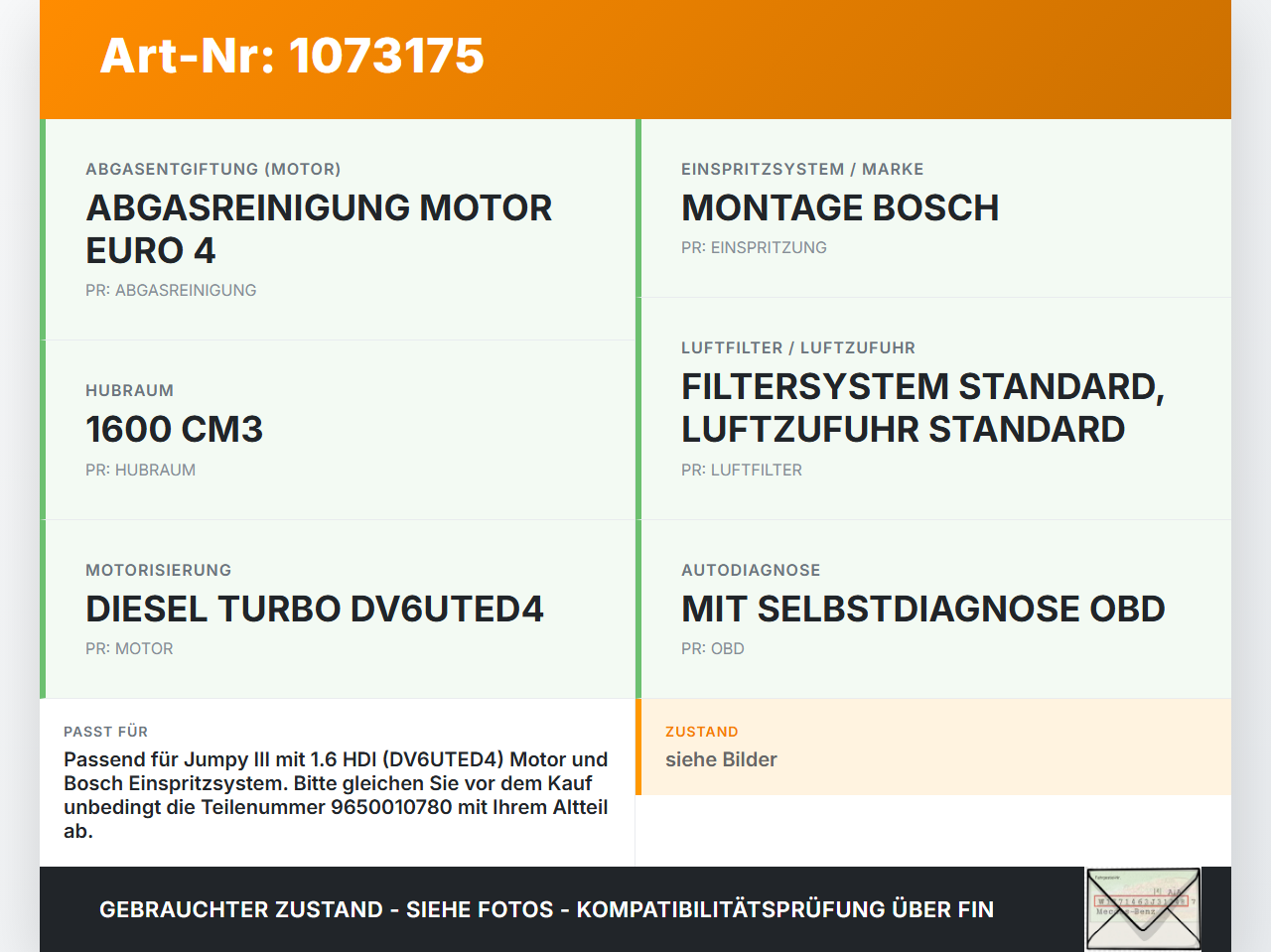 Citroen Jumpy II 07-12 HDI 1,6 66KW Luftmassenmesser Citroen Jumpy II 07-12 30.08.2010 9650010780 7.28342.04 gebraucht Vorschau 3