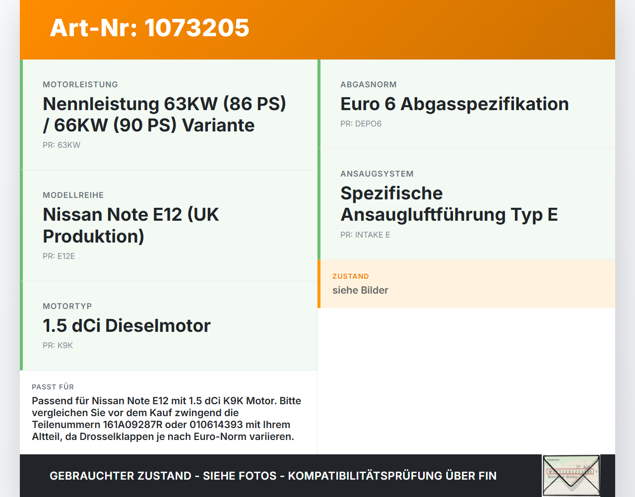 Nissan Note E12 13-17 1,5 66KW K9K Drosselklappe Nissan Note E12 13-17 25.02.2016 161A09287R 010614393 gebraucht Vorschau 3