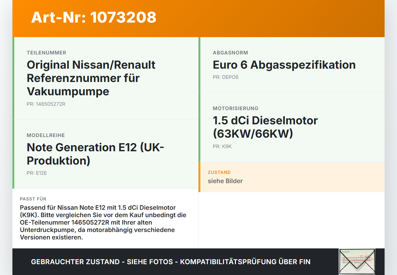 Nissan Note E12 13-17 1,5 66KW K9K Unterdruckpumpe Vakuumpumpe Nissan Note E12 13-17 25.02.2016 146505272R... Vorschau 3