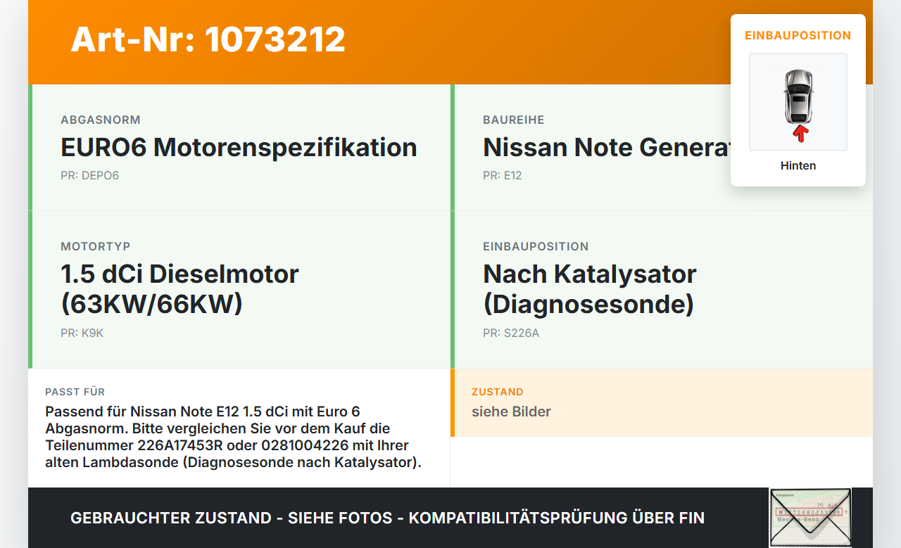 Nissan Note E12 13-17 1,5 66KW Lambdasonde Hinten Nissan Note E12 13-17 25.02.2016 H8201395330 0281004226... Vorschau 3