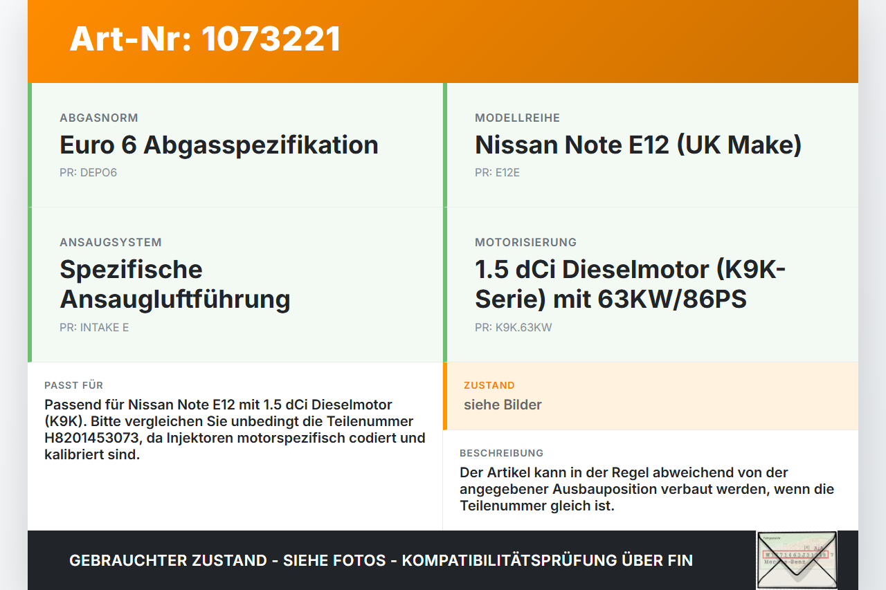 Nissan Note E12 13-17 1,5 66KW Injektor Einspritzdüse Zyl.2 Nissan Note E12 13-17 25.02.2016 H8201453073 0445110652... Vorschau 3
