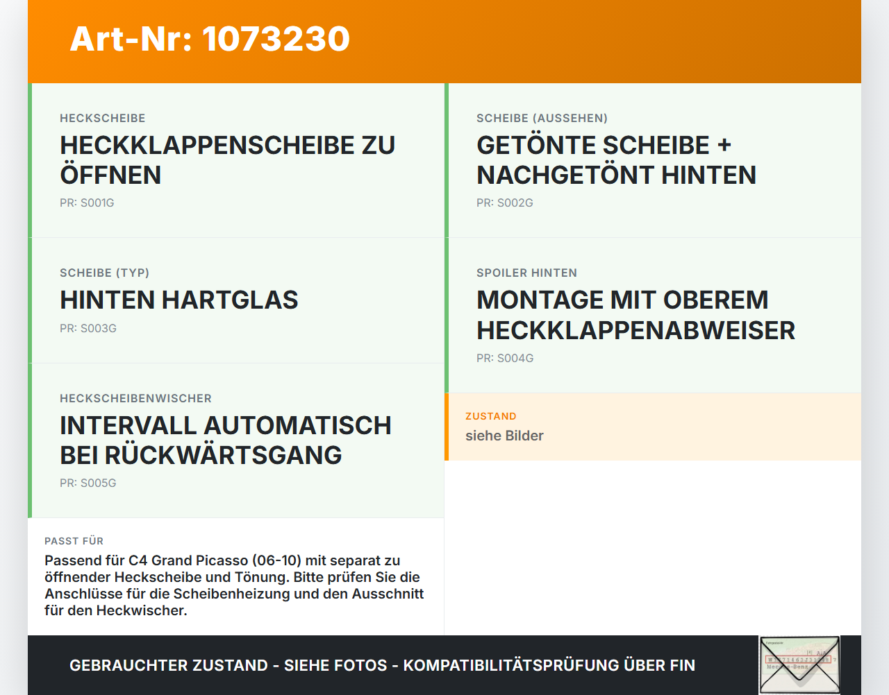 Citroen C4 Grand Picasso 06-10 Van Heckscheibe Rückwand Autoglas Orig. getönt Citroen C4 Grand Picasso 06-10... Vorschau 3