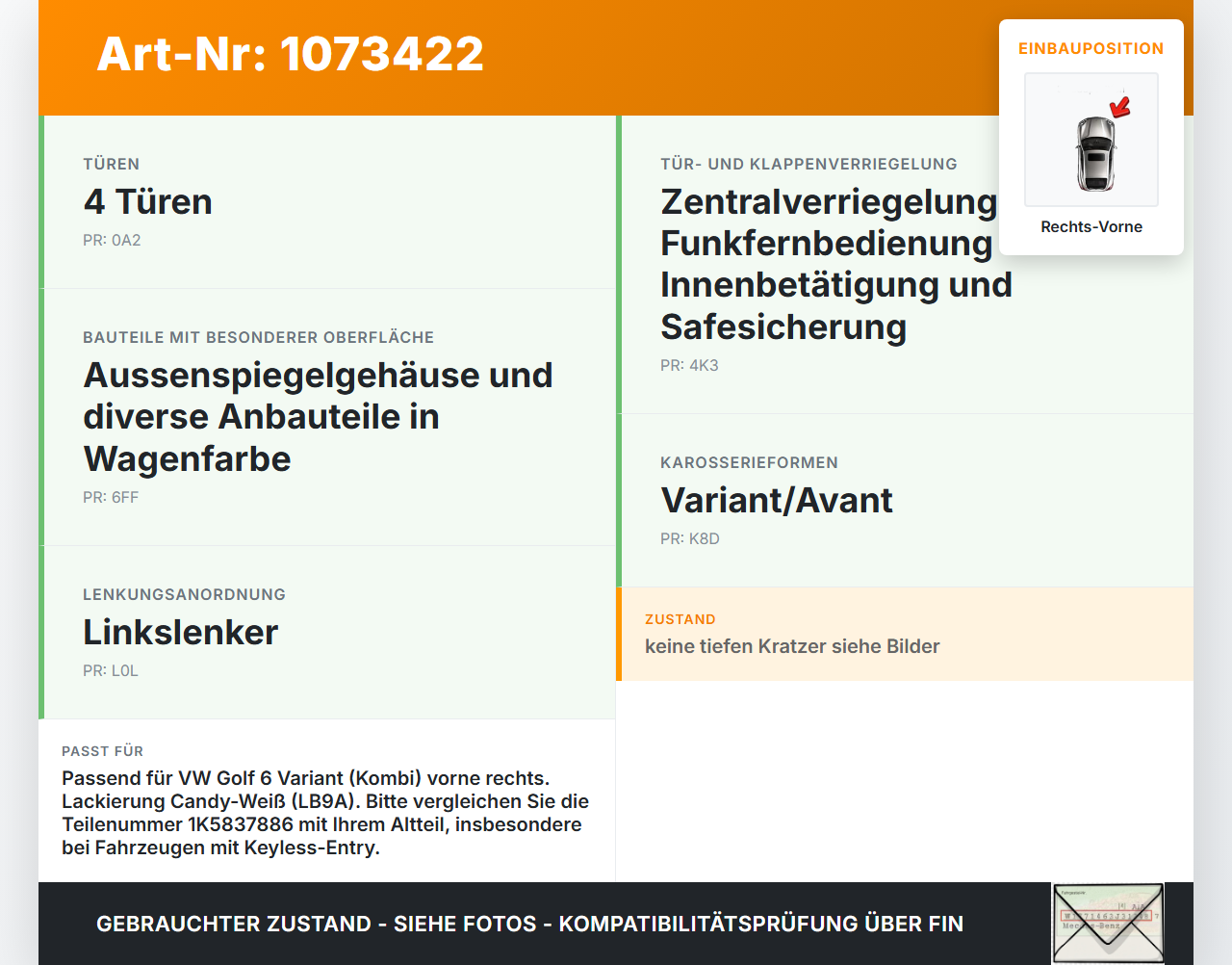 VW Golf 6 VI Variant 08-13 Kombi Türgriff Griff aussen Rechts Vorne LB9A VW Golf 6 VI Variant 08-13 16.03.2011... Vorschau 3