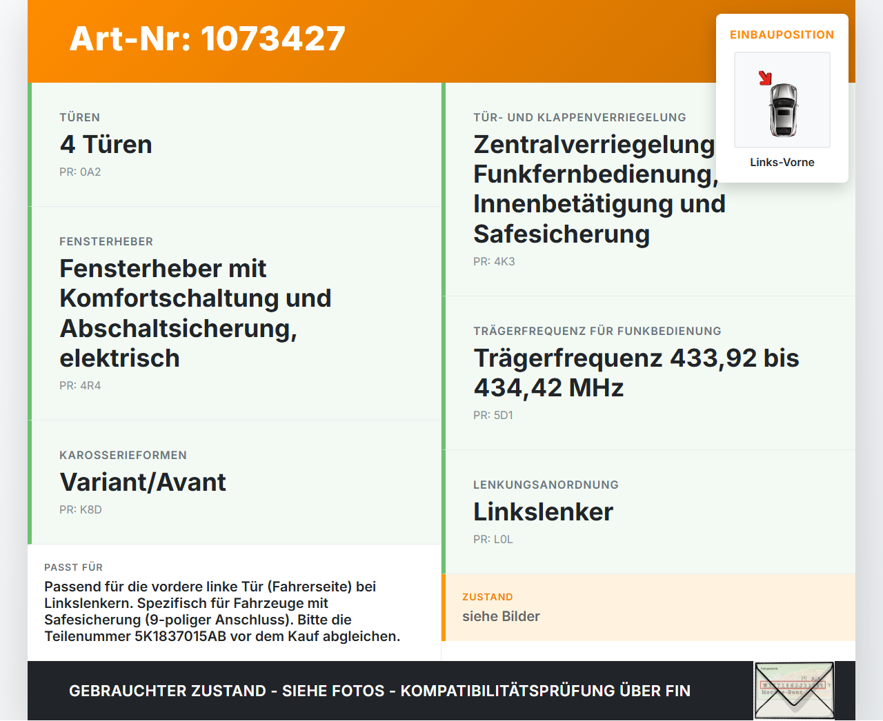 VW Golf 6 VI Variant 08-13 Kombi Türschloss m. ZV Stellmotor Links Vorne 9pol VW Golf 6 VI Variant 08-13 16.03.2011... Vorschau 3