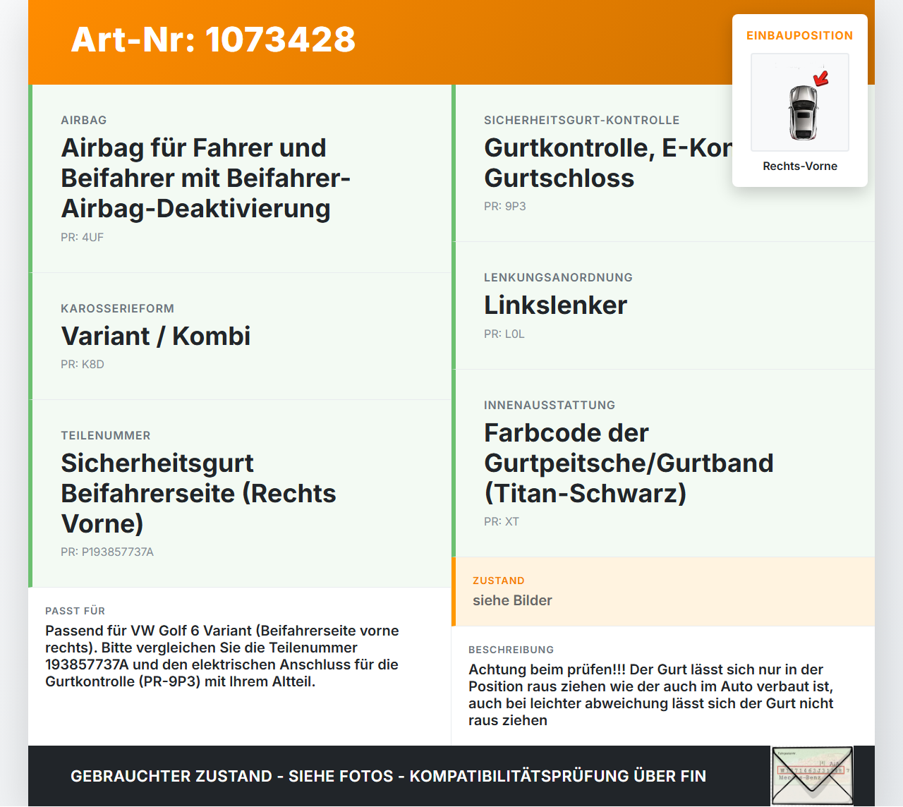 VW Golf 6 VI Variant 08-13 Kombi Gurt Sicherheitsgurt Gurtstraffer für Beifahrer Rechts Vorne VW Golf 6 VI Variant... Vorschau 3