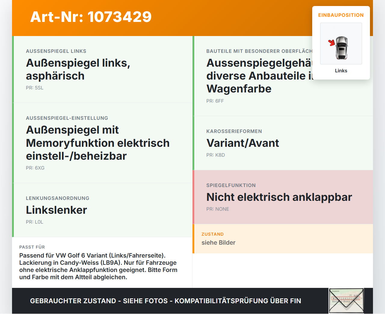 VW Golf 6 VI Variant 08-13 Spiegelkappe Abdeckung für Aussenspiegel Links LB9A VW Golf 6 VI Variant 08-13... Vorschau 3