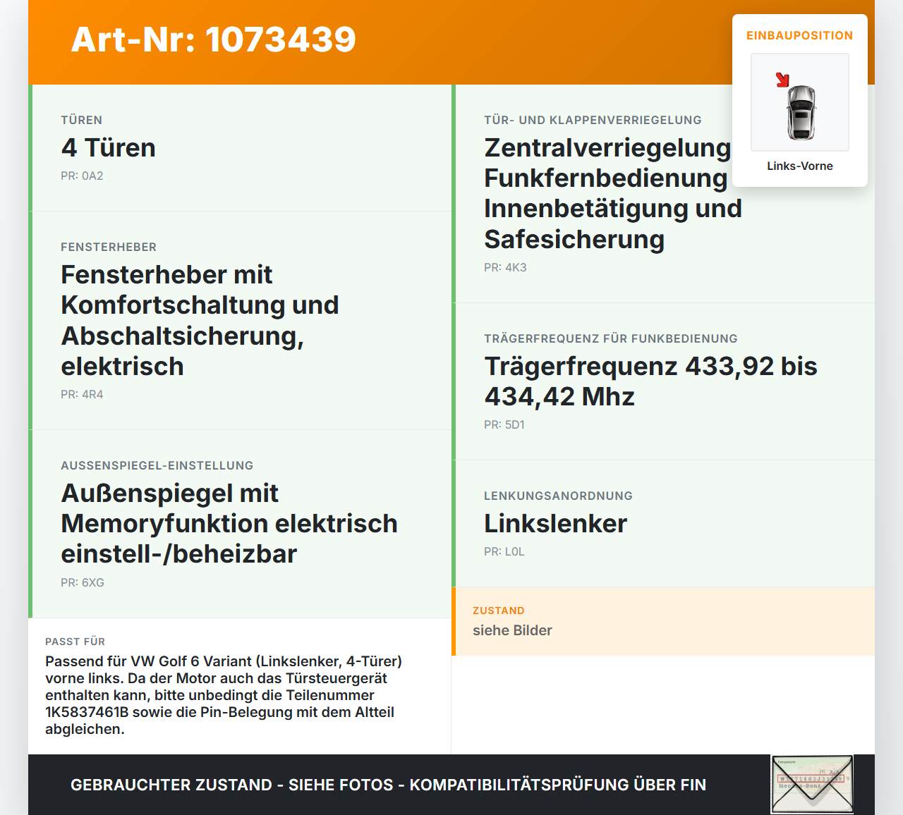 VW Golf 6 VI Variant 08-13 Kombi Fensterhebermotor mit Fensterheber Links Vorne VW Golf 6 VI Variant 08-13... Vorschau 3