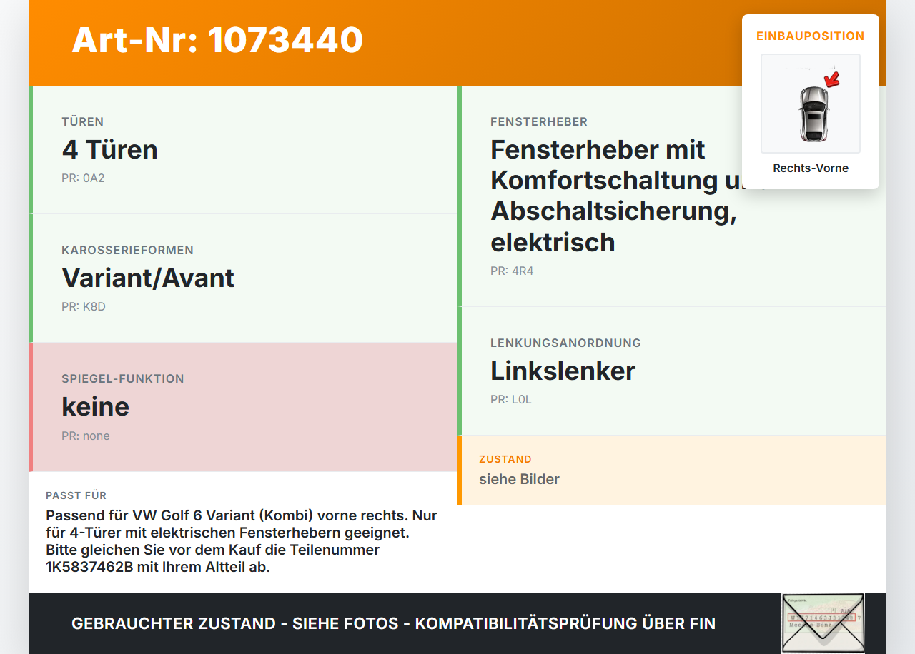 VW Golf 6 VI Variant 08-13 Kombi Fensterheber o. FH-Motor Rechts Vorne VW Golf 6 VI Variant 08-13 16.03.2011... Vorschau 3