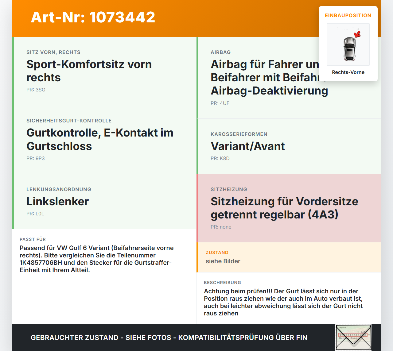 VW Golf 6 VI Variant 08-13 Kombi Gurt Sicherheitsgurt Gurtstraffer für Beifahrer Rechts Vorne VW Golf 6 VI Variant... Vorschau 3