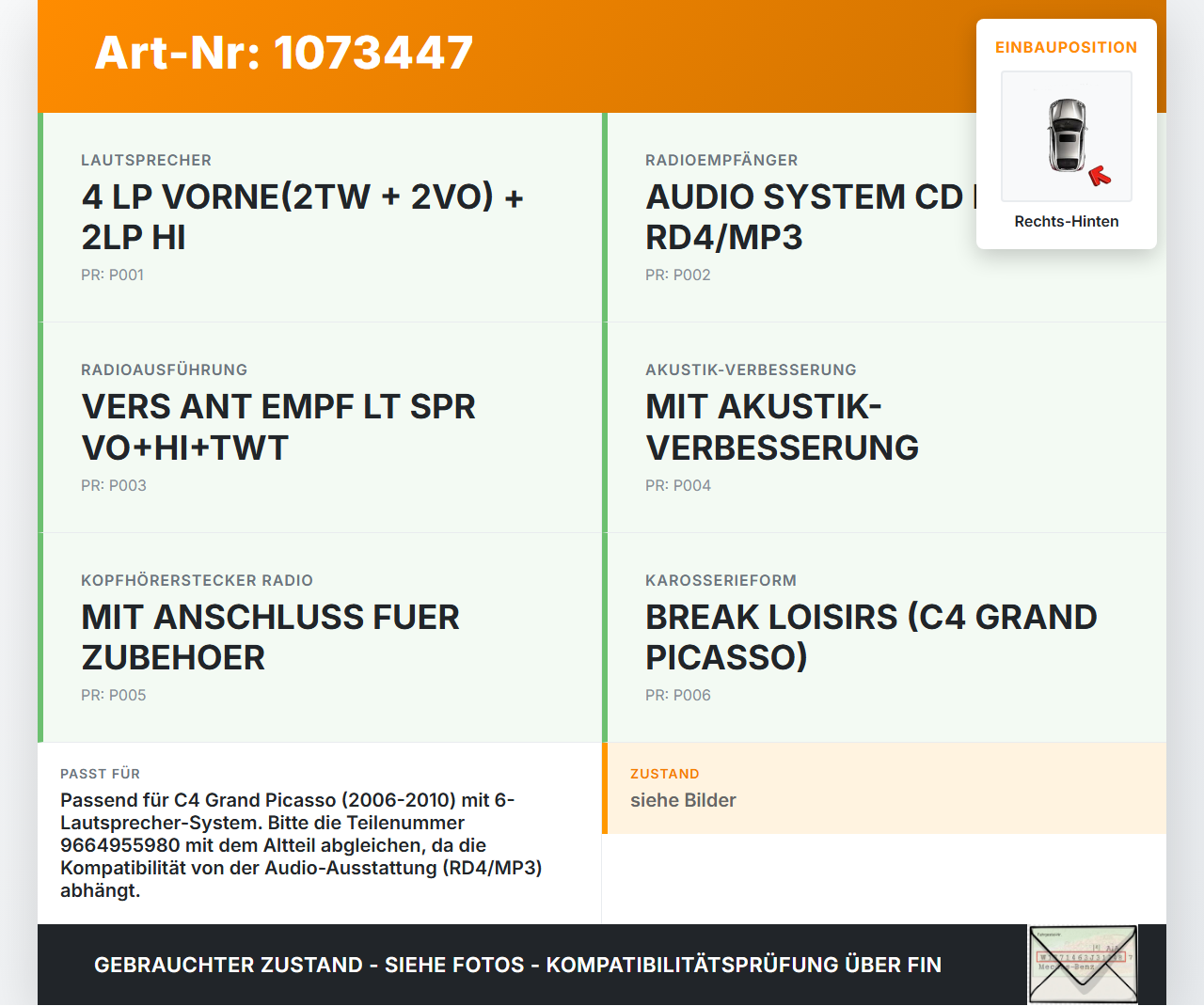 Citroen C4 Grand Picasso 06-10 Van Lautsprecher Rechts Hinten Citroen C4 Grand Picasso 06-10 12.11.2008 9664955980... Vorschau 3
