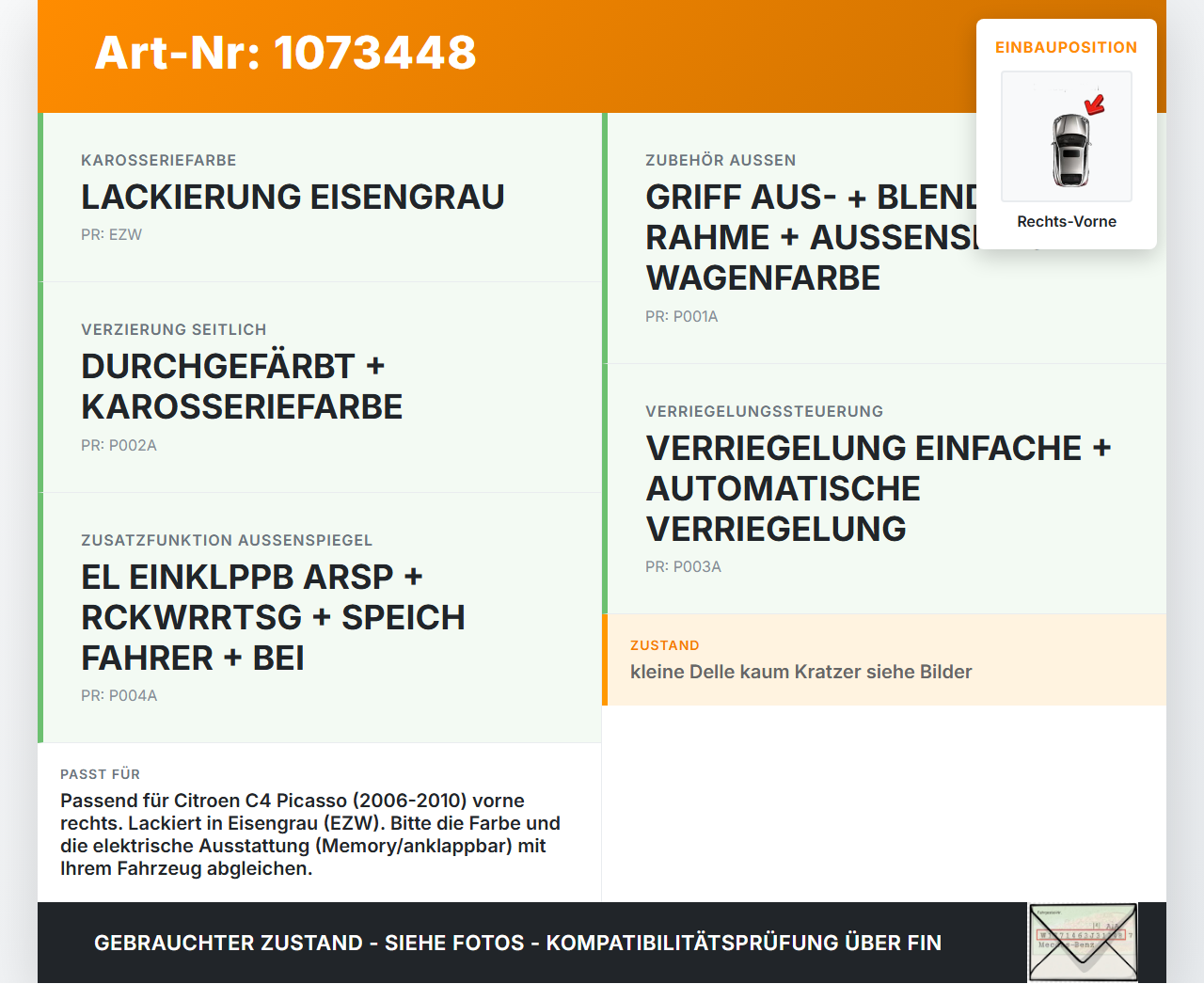 Citroen C4 Grand Picasso 06-10 Van Türgriff Griff aussen Rechts Vorne EZW Citroen C4 Grand Picasso 06-10 12.11.2008... Vorschau 3
