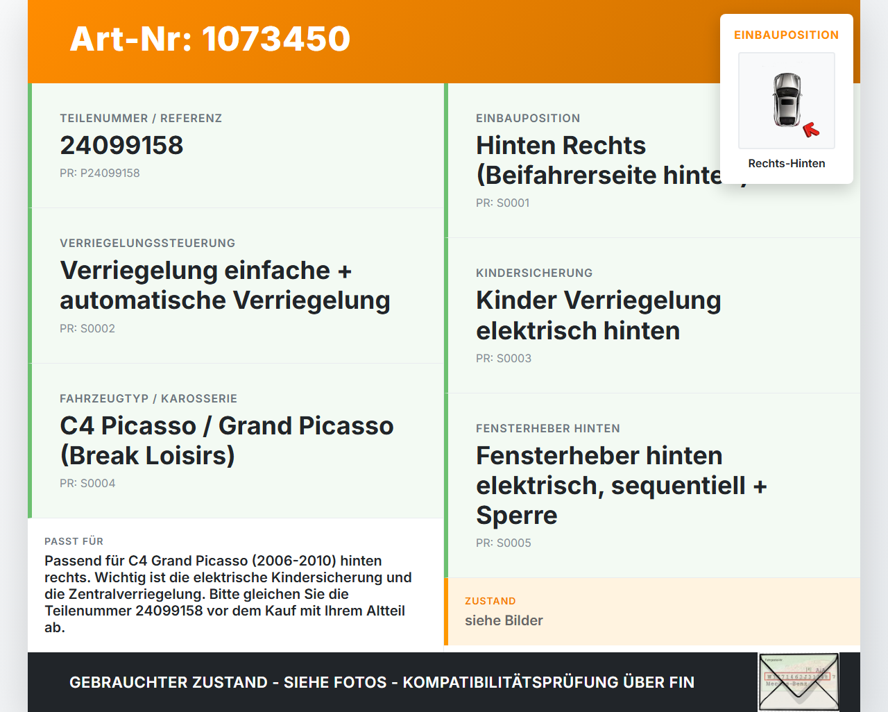 Citroen C4 Grand Picasso 06-10 Van Türschloss m. ZV Stellmotor Rechts Hinten Citroen C4 Grand Picasso 06-10... Vorschau 3