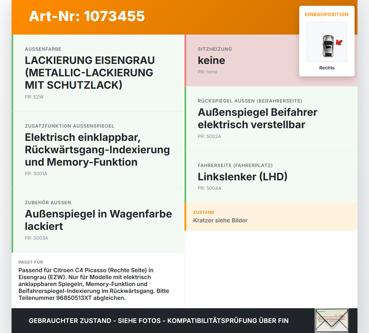 Citroen C4 Grand Picasso 06-10 Spiegel Aussenspiegel Rechts EZW Citroen C4 Grand Picasso 06-10 12.11.2008... Vorschau 3