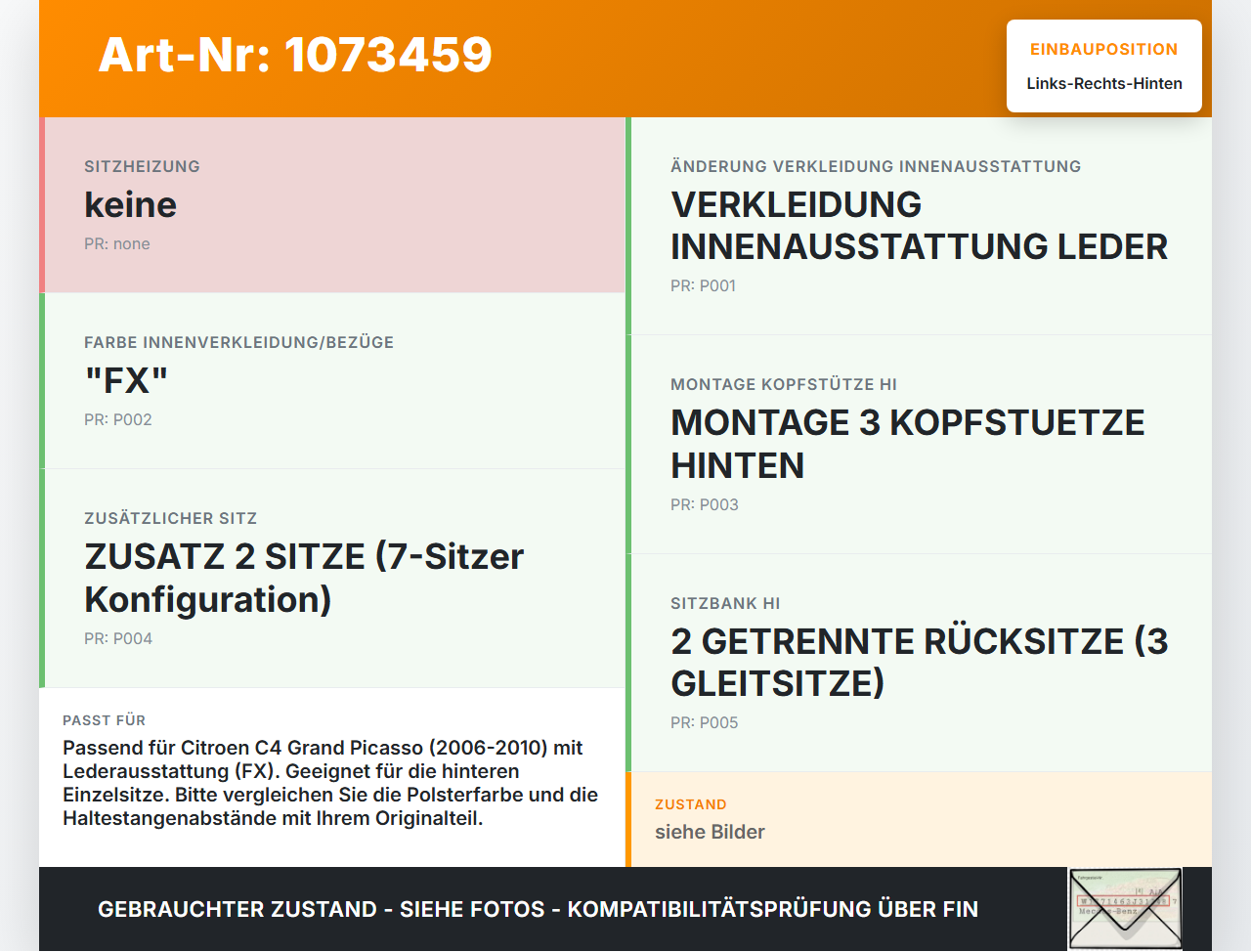 Citroen C4 Grand Picasso 06-10 Kopfstütze Rechts oder Links Hinten Citroen C4 Grand Picasso 06-10 12.11.2008 gebraucht Vorschau 3