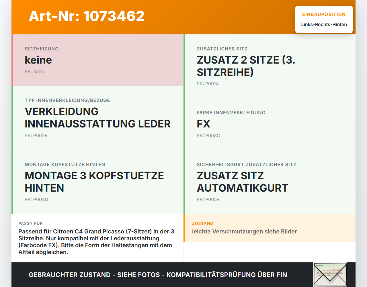 Citroen C4 Grand Picasso 06-10 Kopfstütze Rechts oder Links Hinten 3te Reihe Citroen C4 Grand Picasso 06-10... Vorschau 3