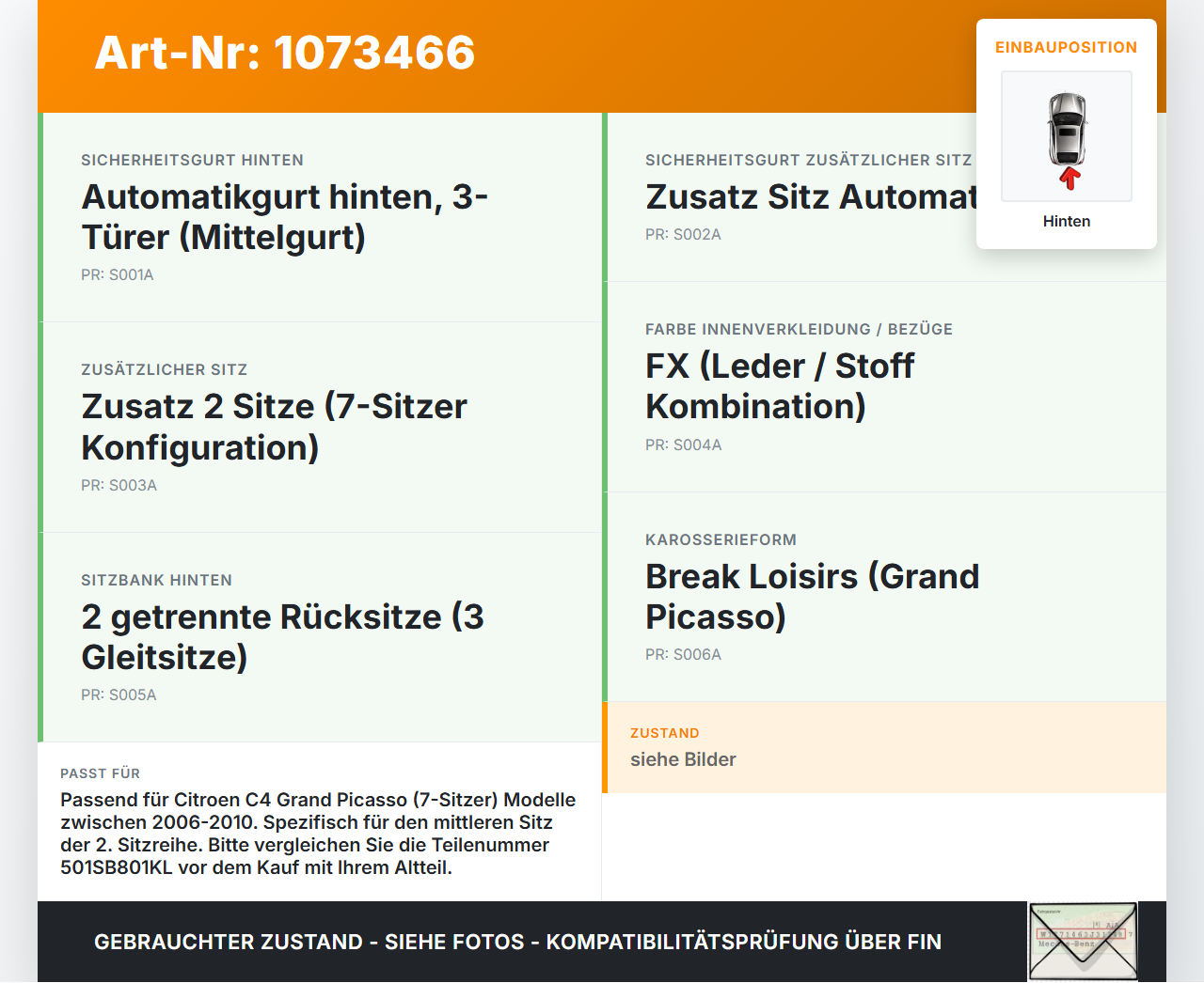 Citroen C4 Grand Picasso 06-10 Gurt Mitte Hinten Citroen C4 Grand Picasso 06-10 12.11.2008 501SB801KL H9HA2939BZ... Vorschau 3
