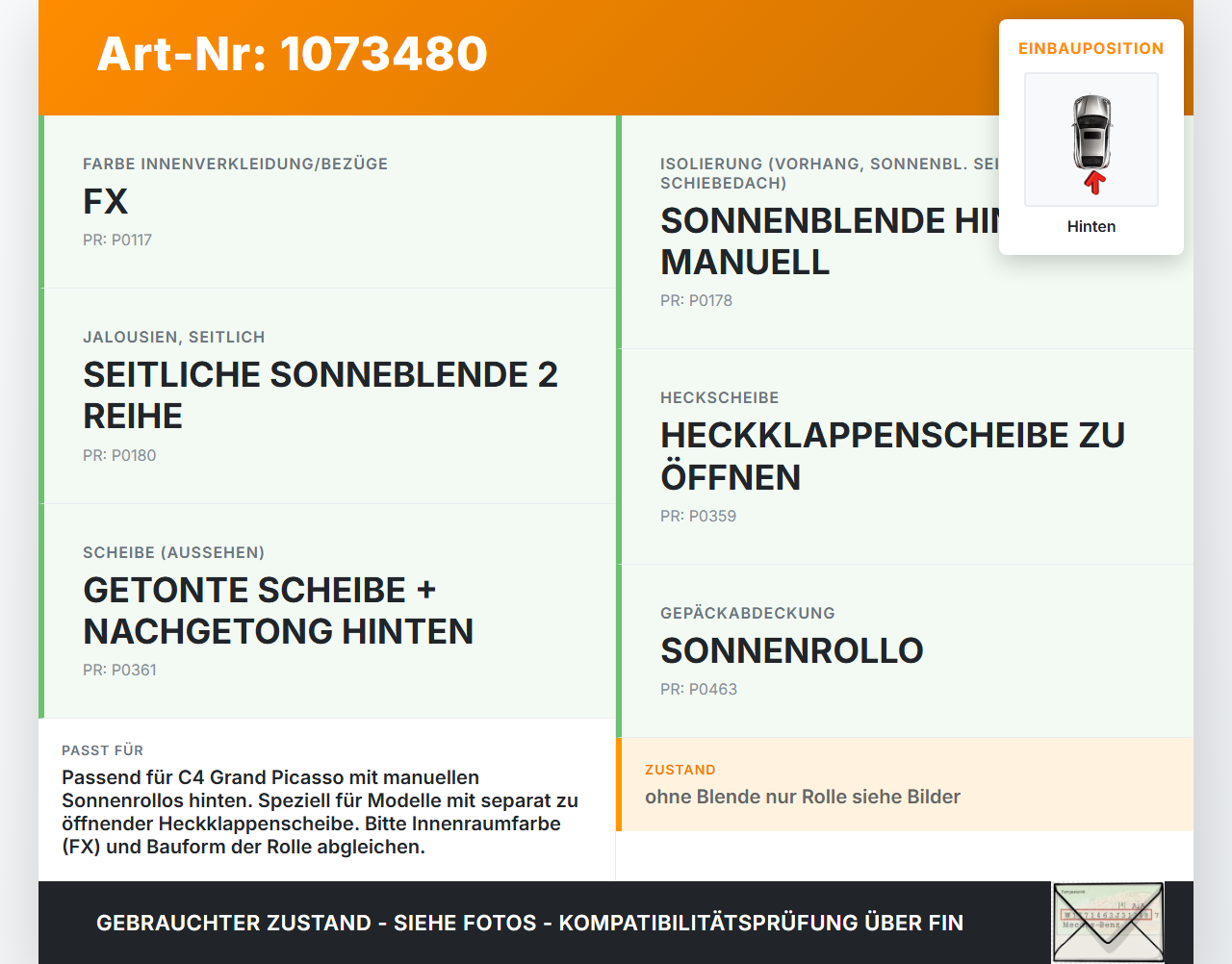 Citroen C4 Grand Picasso 06-10 Sonnenschutzrollo Rollo für Heckscheibe Hinten Citroen C4 Grand Picasso 06-10... Vorschau 3