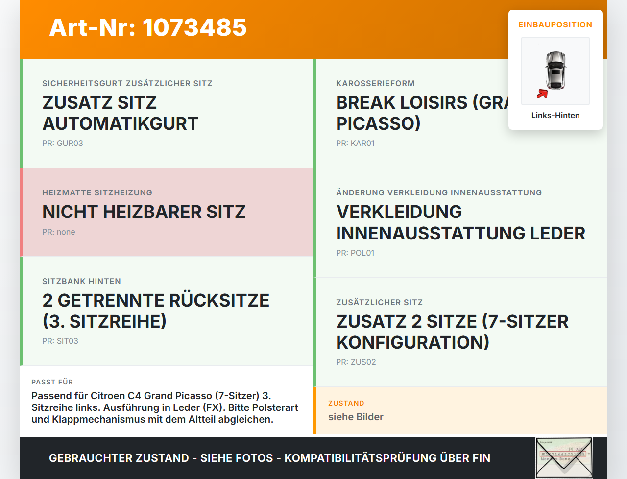 Citroen C4 Grand Picasso 06-10 Sitz Links Hinten 3te Reihe Zusatzsitz Citroen C4 Grand Picasso 06-10 12.11.2008... Vorschau 3