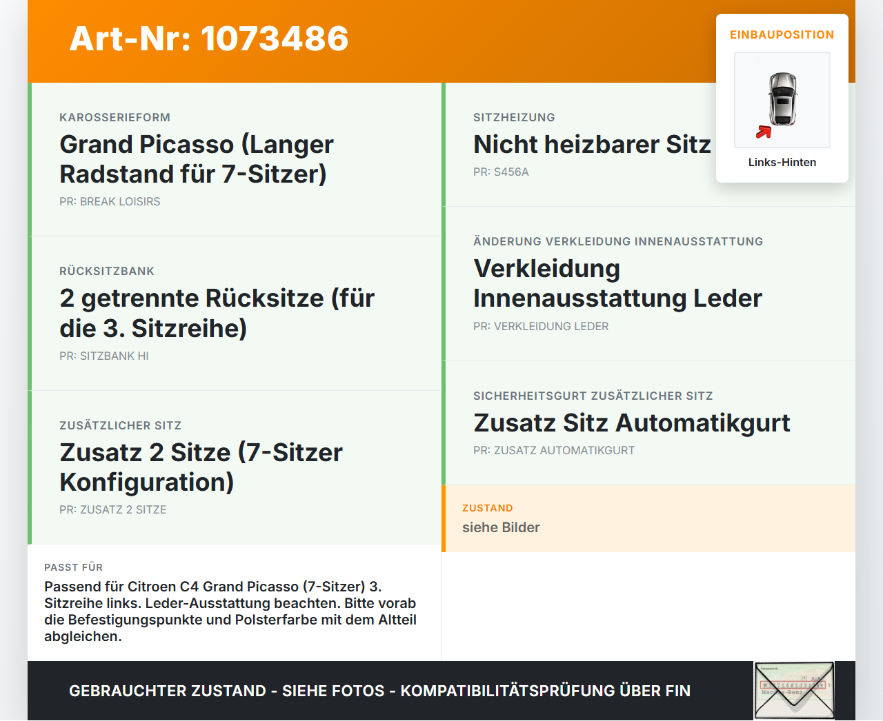 Citroen C4 Grand Picasso 06-10 Sitz Links Hinten 3te Reihe Zusatzsitz Citroen C4 Grand Picasso 06-10 12.11.2008... Vorschau 3