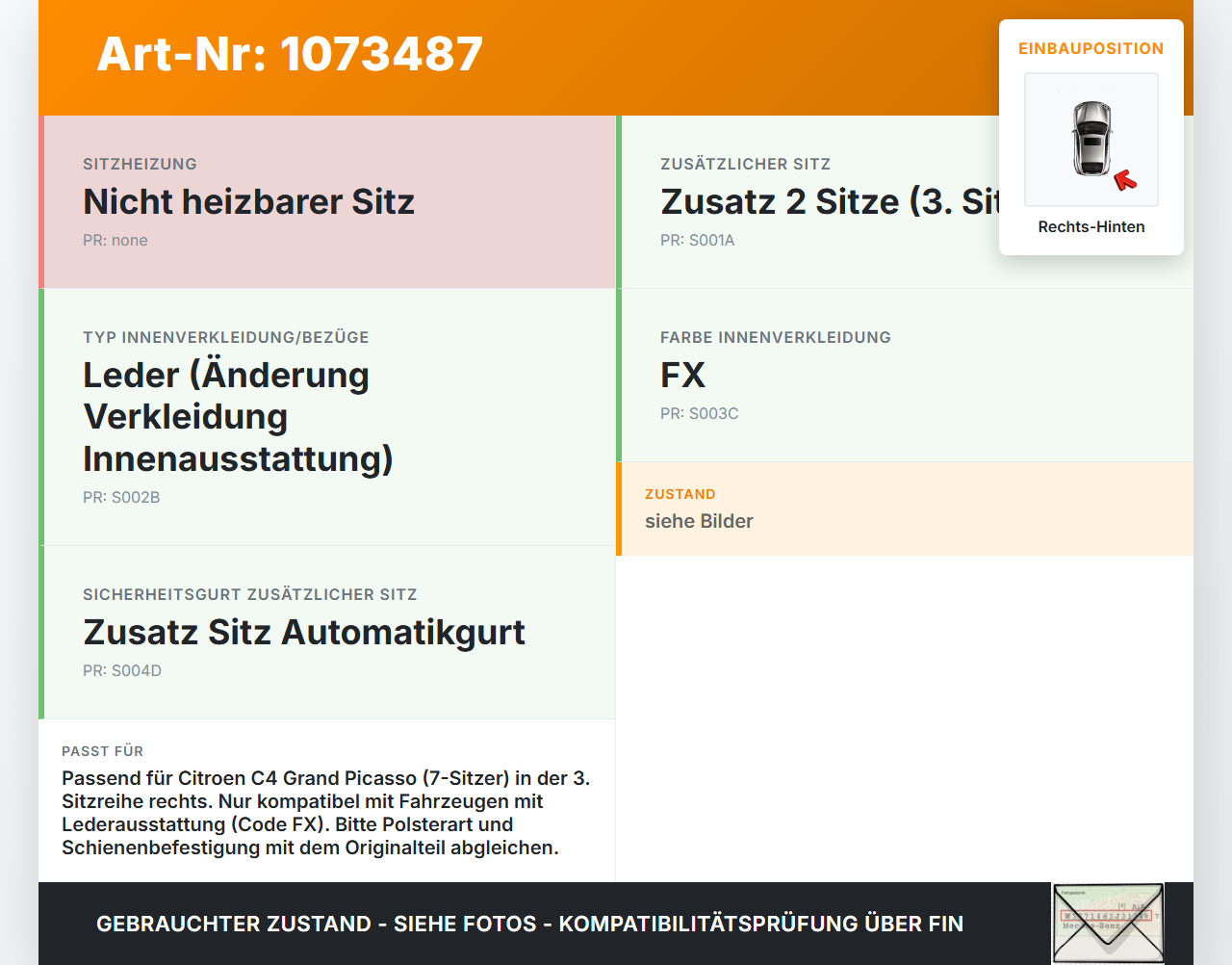Citroen C4 Grand Picasso 06-10 Sitz Rechts Hinten für 3te Reihe Citroen C4 Grand Picasso 06-10 12.11.2008 gebraucht Vorschau 3