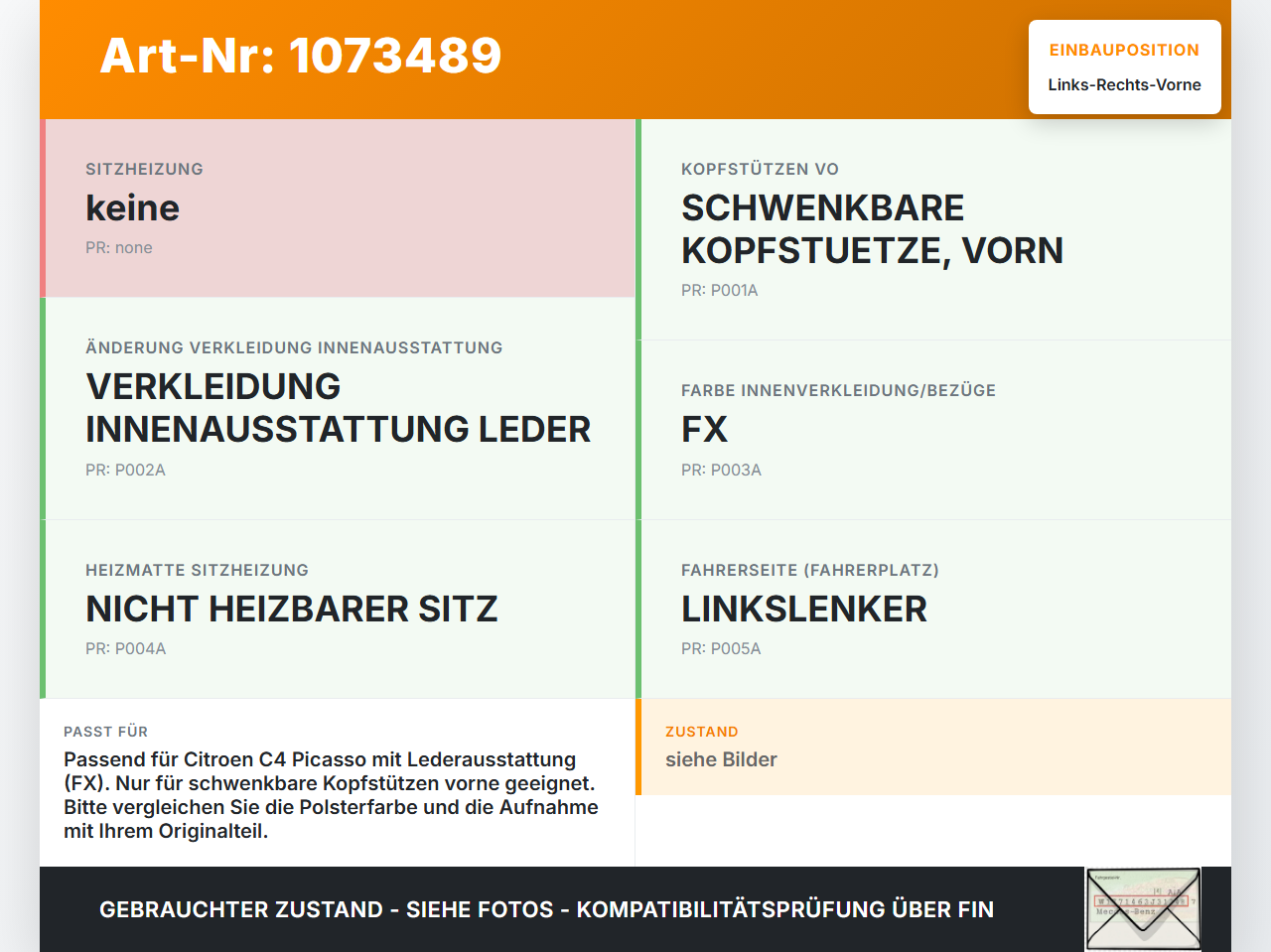 Citroen C4 Grand Picasso 06-10 Van Kopfstütze für Beifahrer Sitz Rechts oder Links Vorne Citroen C4 Grand Picasso... Vorschau 3