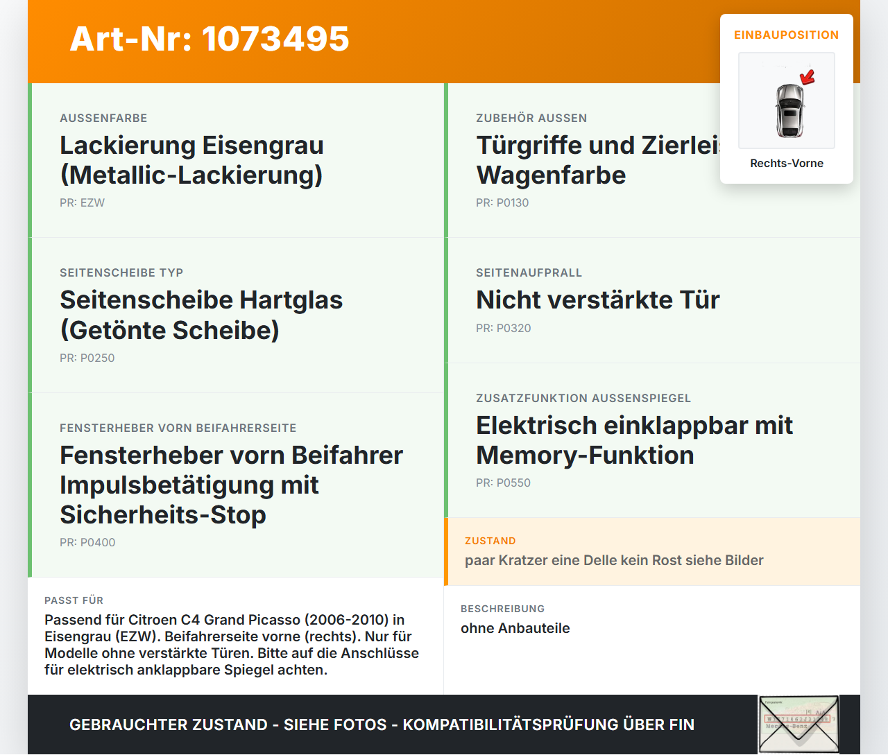 Citroen C4 Grand Picasso 06-10 Van Tür Beifahrertür Rechts Vorne EZW Citroen C4 Grand Picasso 06-10 12.11.2008 gebraucht Vorschau 3