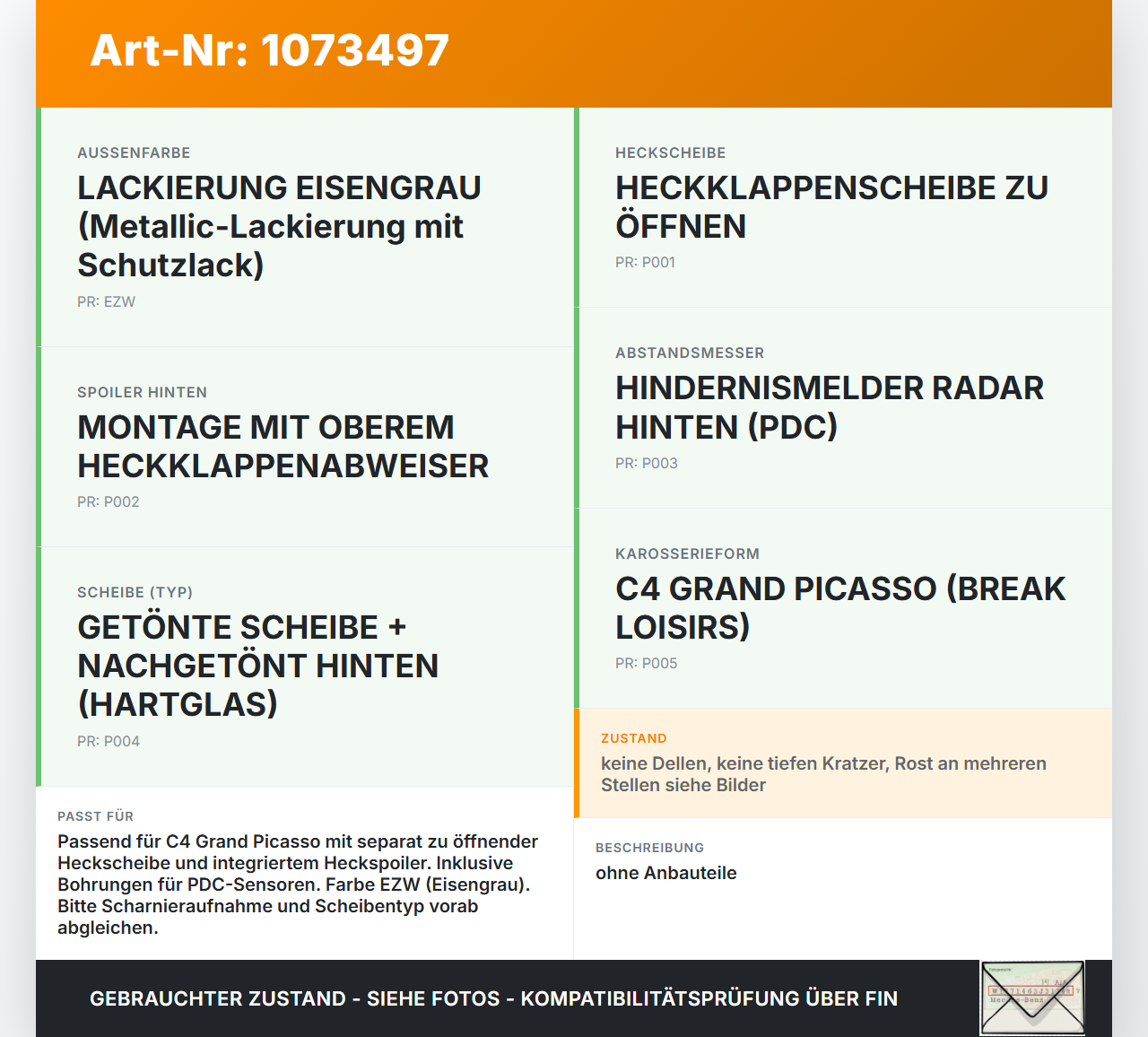 Citroen C4 Grand Picasso 06-10 Van Heckklappe Kofferraumdeckel EZW Citroen C4 Grand Picasso 06-10 12.11.2008 gebraucht Vorschau 3
