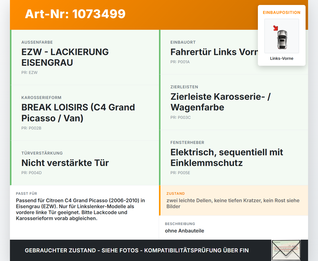 Citroen C4 Grand Picasso 06-10 Van Tür Fahrertür Links Vorne EZW Citroen C4 Grand Picasso 06-10 12.11.2008 gebraucht Vorschau 3