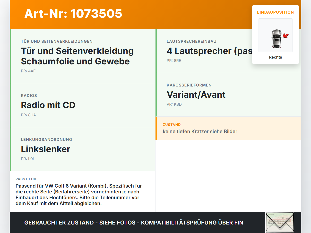 VW Golf 6 VI Variant 08-13 Lautsprecher Hochtöner Rechts VW Golf 6 VI Variant 08-13 16.03.2011 gebraucht Vorschau 3