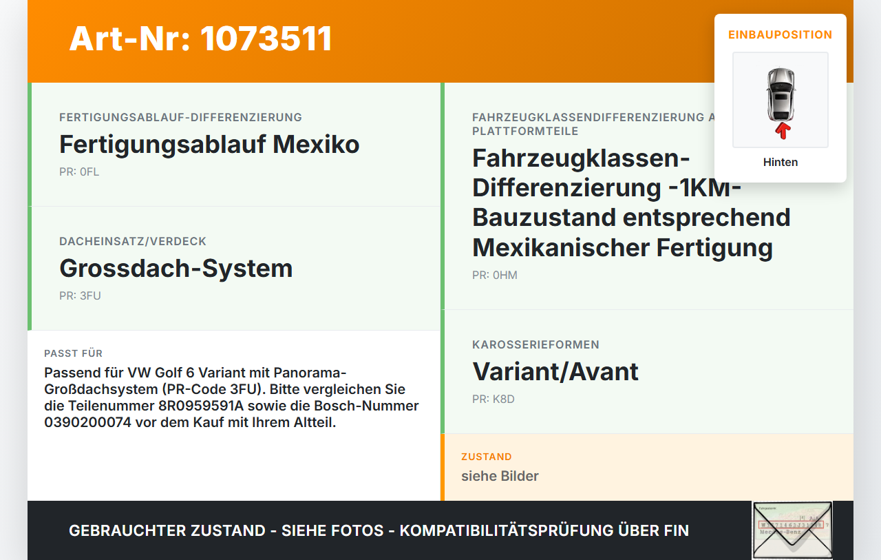 VW Golf 6 VI Variant 08-13 Schiebedachmotor Hinten VW Golf 6 VI Variant 08-13 16.03.2011 8R0959591A 0390200074... Vorschau 3
