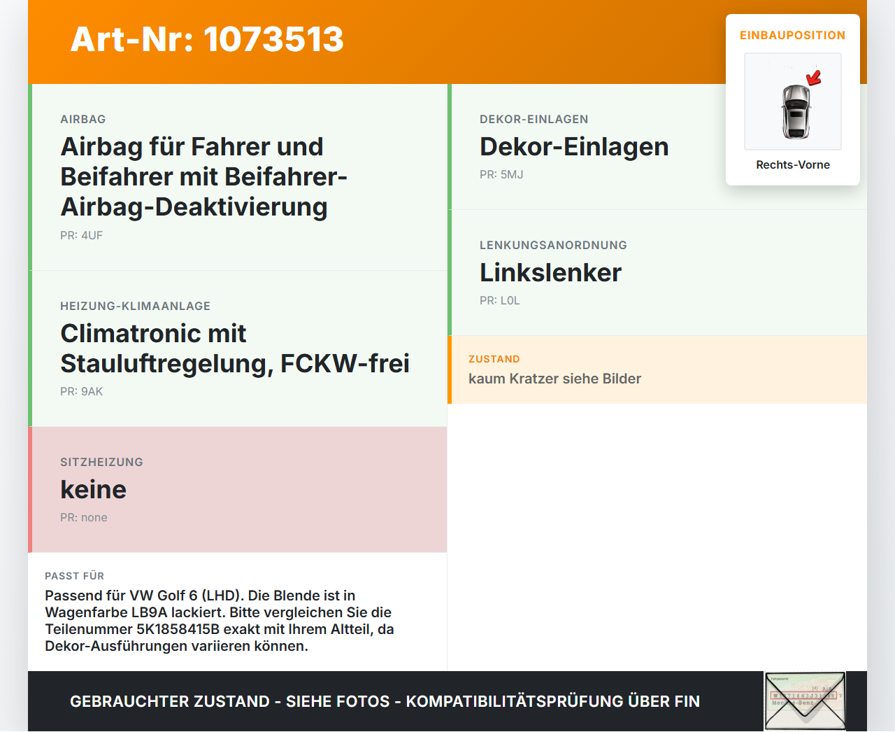 VW Golf 6 VI Variant 08-13 Kombi Armaturenbrett Leiste Rechts Vorne LB9A VW Golf 6 VI Variant 08-13 16.03.2011... Vorschau 3