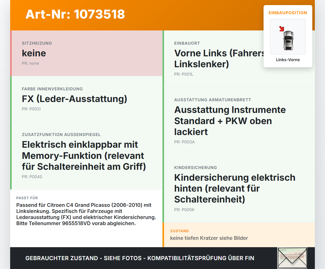 Citroen C4 Grand Picasso 06-10 Van Türgriff Griff Griffmuschel Innen Links Vorne Citroen C4 Grand Picasso 06-10... Vorschau 3