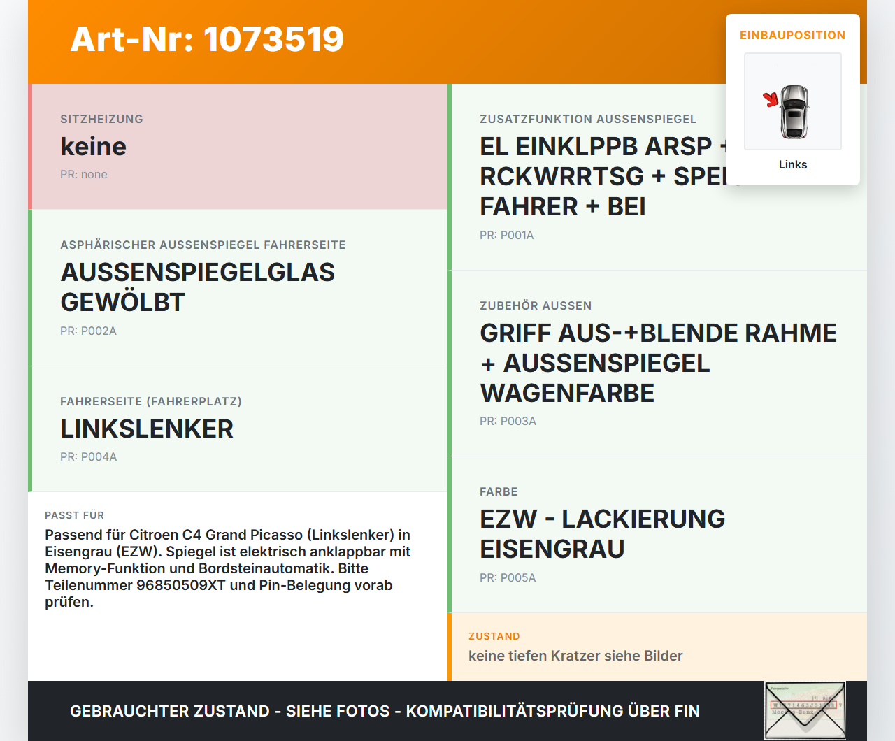 Citroen C4 Grand Picasso 06-10 Spiegel Aussenspiegel el. klappbar Links EZW Citroen C4 Grand Picasso 06-10... Vorschau 3