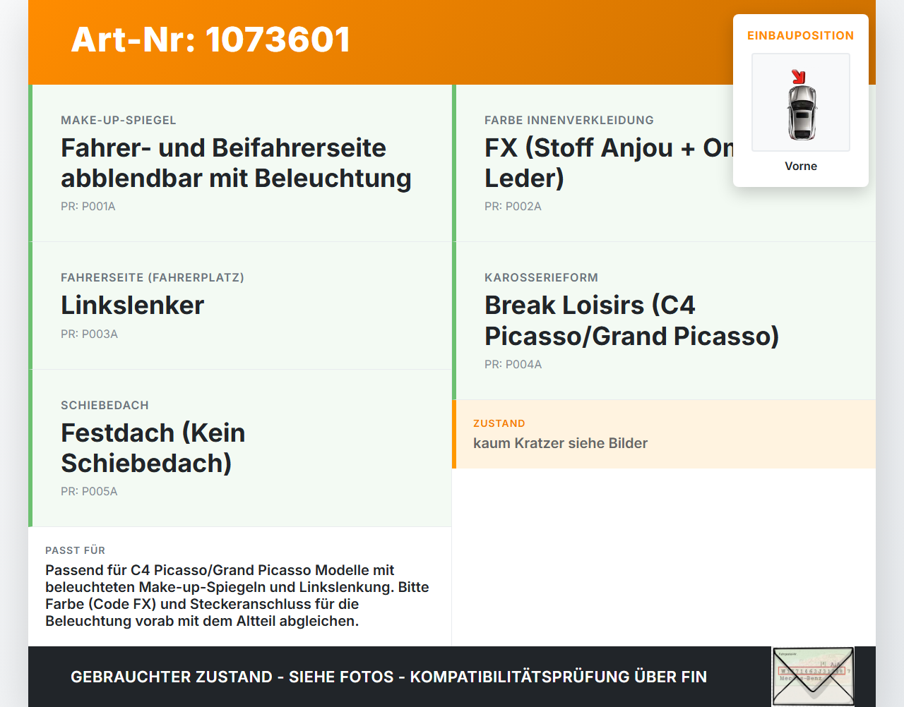 Citroen C4 Grand Picasso 06-10 Sonnenblende Sonnenschutz Vorne mit Sonnenschutzrollo Citroen C4 Grand Picasso 06-10... Vorschau 3